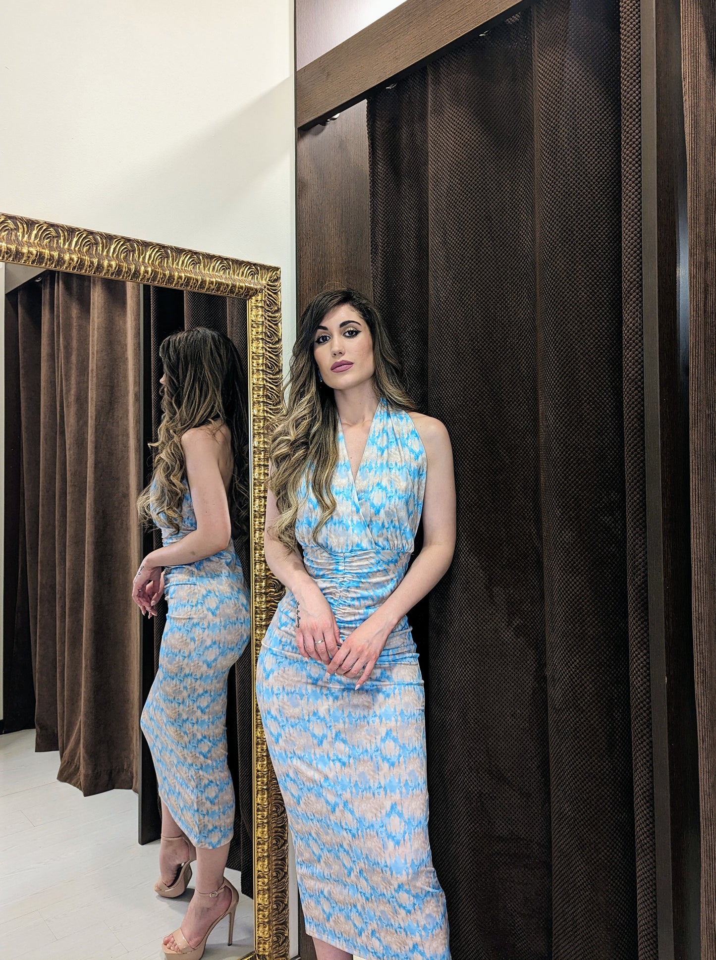 Vestido Drapeado Celeste y Beige | Vestido de Evento