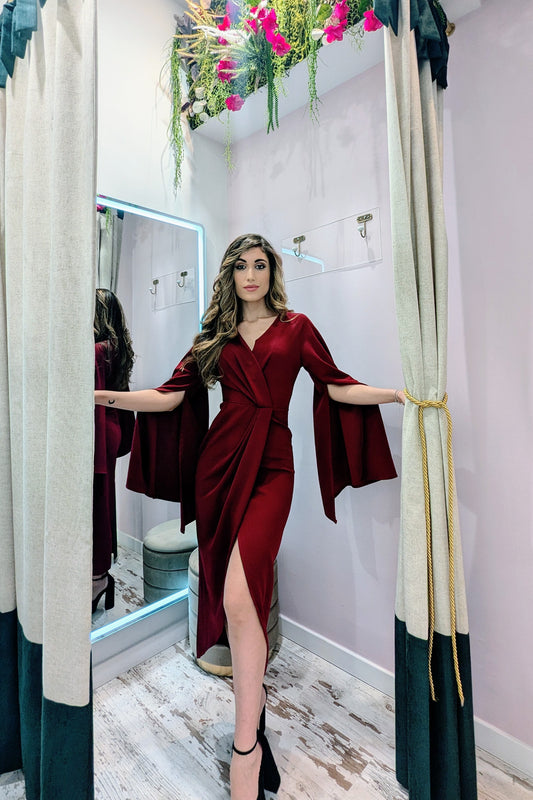 Vestido Midi Granate Mangas Aladas| Vestido de Evento