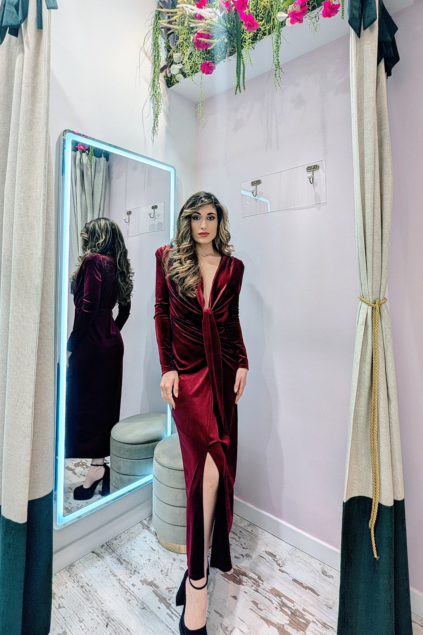 Vestido Terciopelo Granate Escote Banda| Vestido de Evento