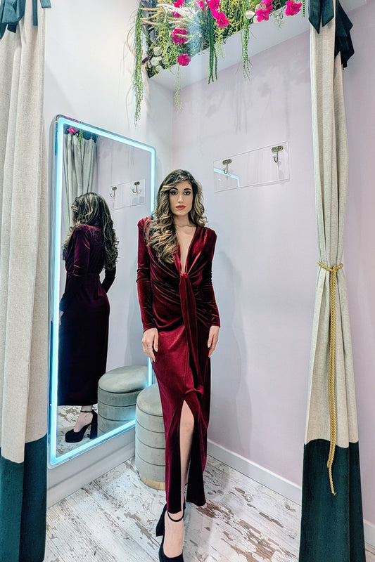 Vestido Terciopelo Granate Escote Banda| Vestido de Evento