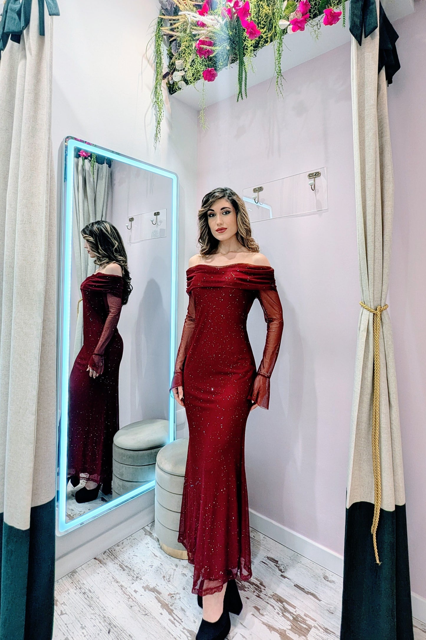 Vestido Granate Gasa Brillos| Vestido de Evento