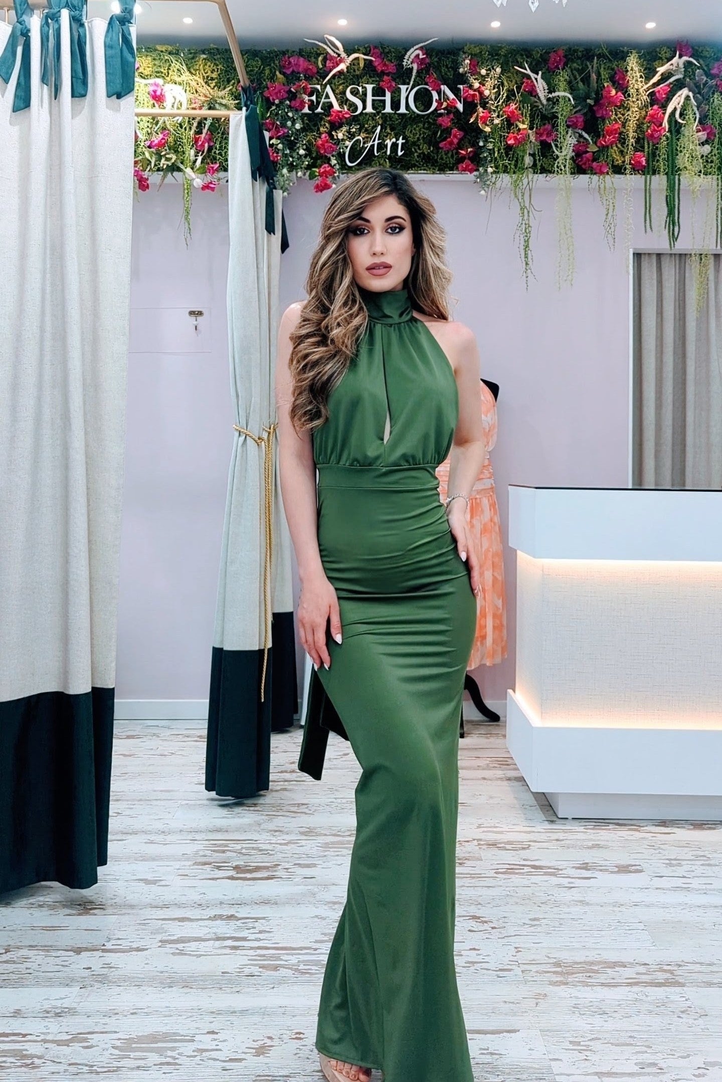 Vestido Licra Halter Verde Oliva| Vestido de Evento