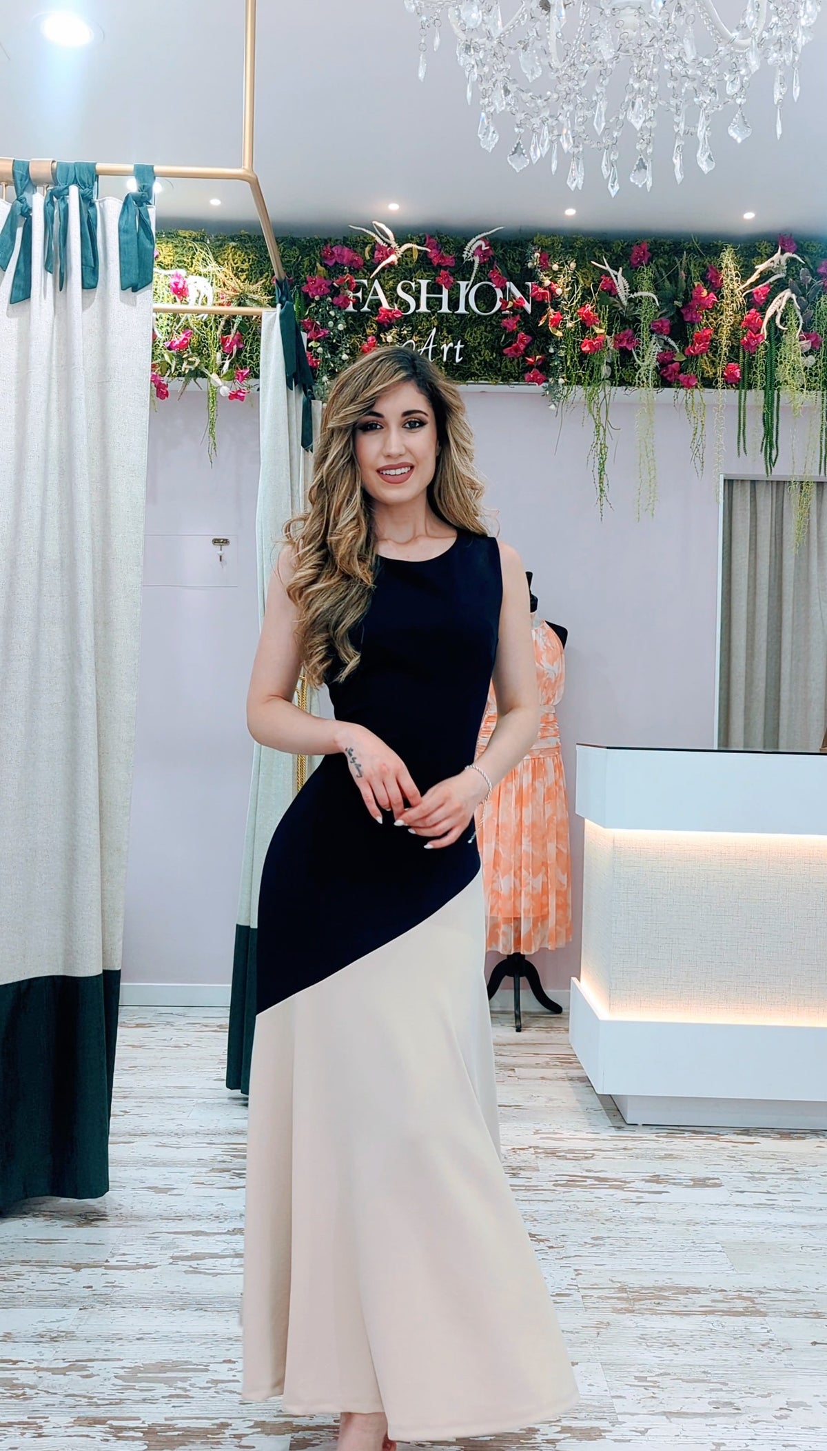 Vestido Bicolor Marino y Beige| Vestido de Evento